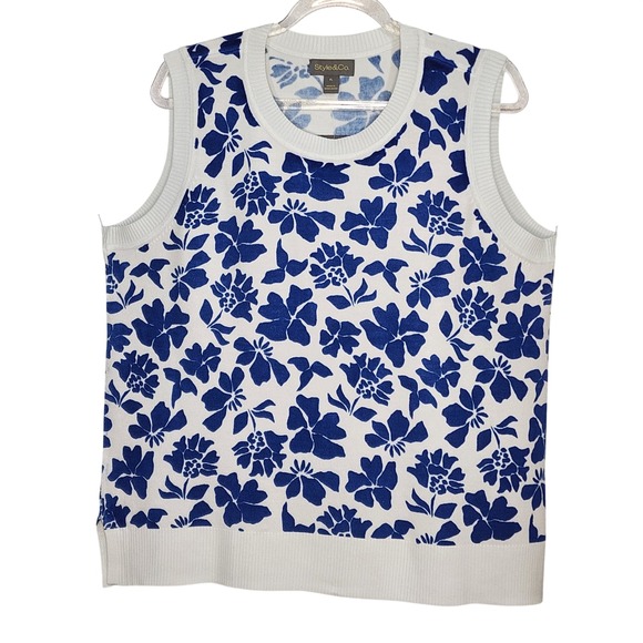 Style Co Petite PL Blue White Floral Print Knit Sweater Vest Sleeveless Top - Picture 3 of 8